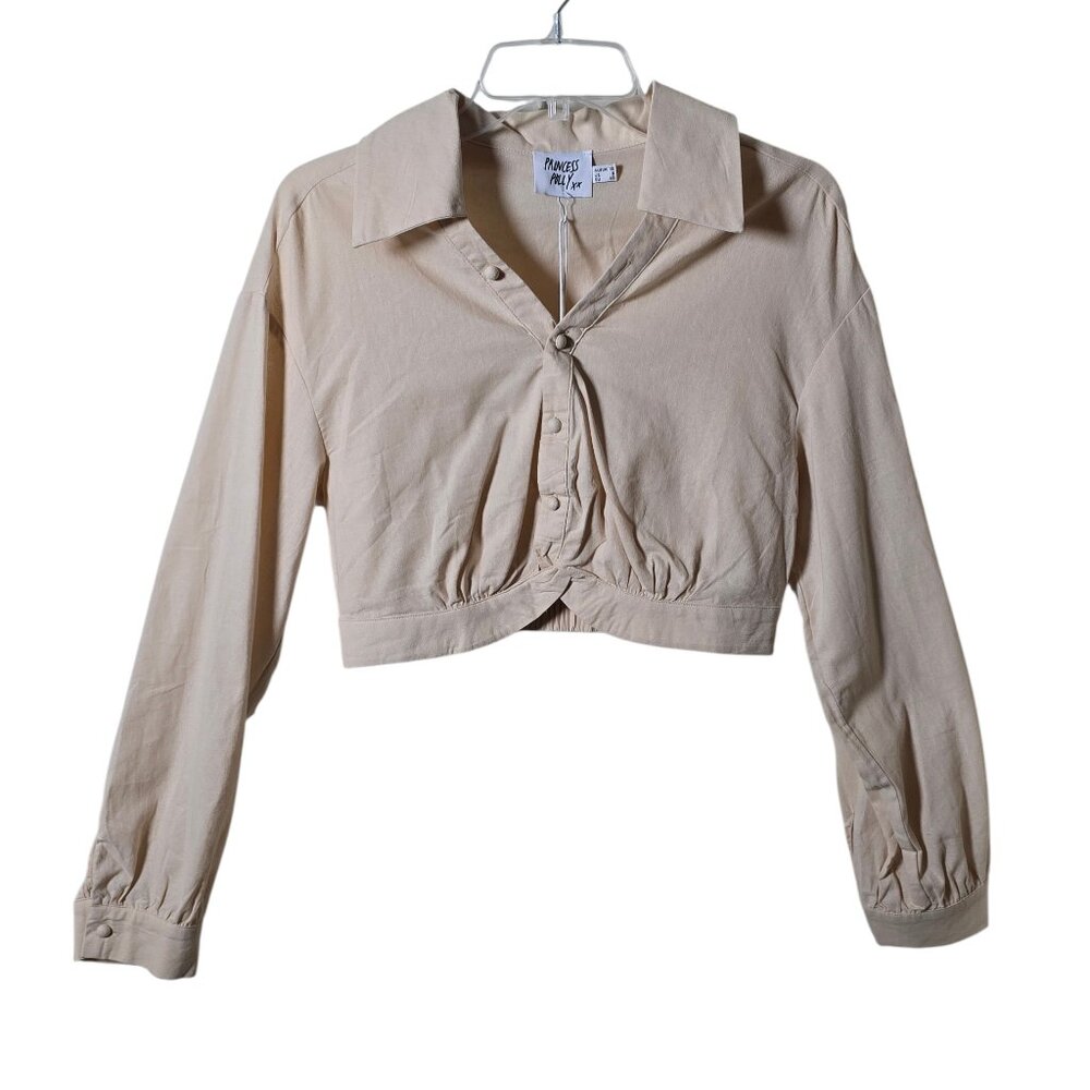 NWT Princess Polly Beige Twist Front Crop Blouse Size 8 Cotton Button Up